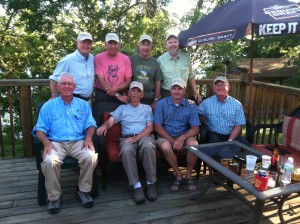 Relaxing before dinner: Spike, Steve, Greg, Phil in back row with Jim, Dick, Jeff, and Bob in the front row!