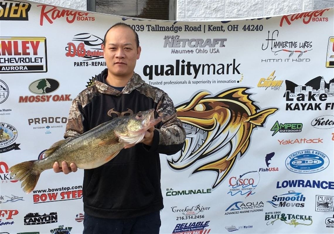 Tournament anglers holding walleye at weigh-in