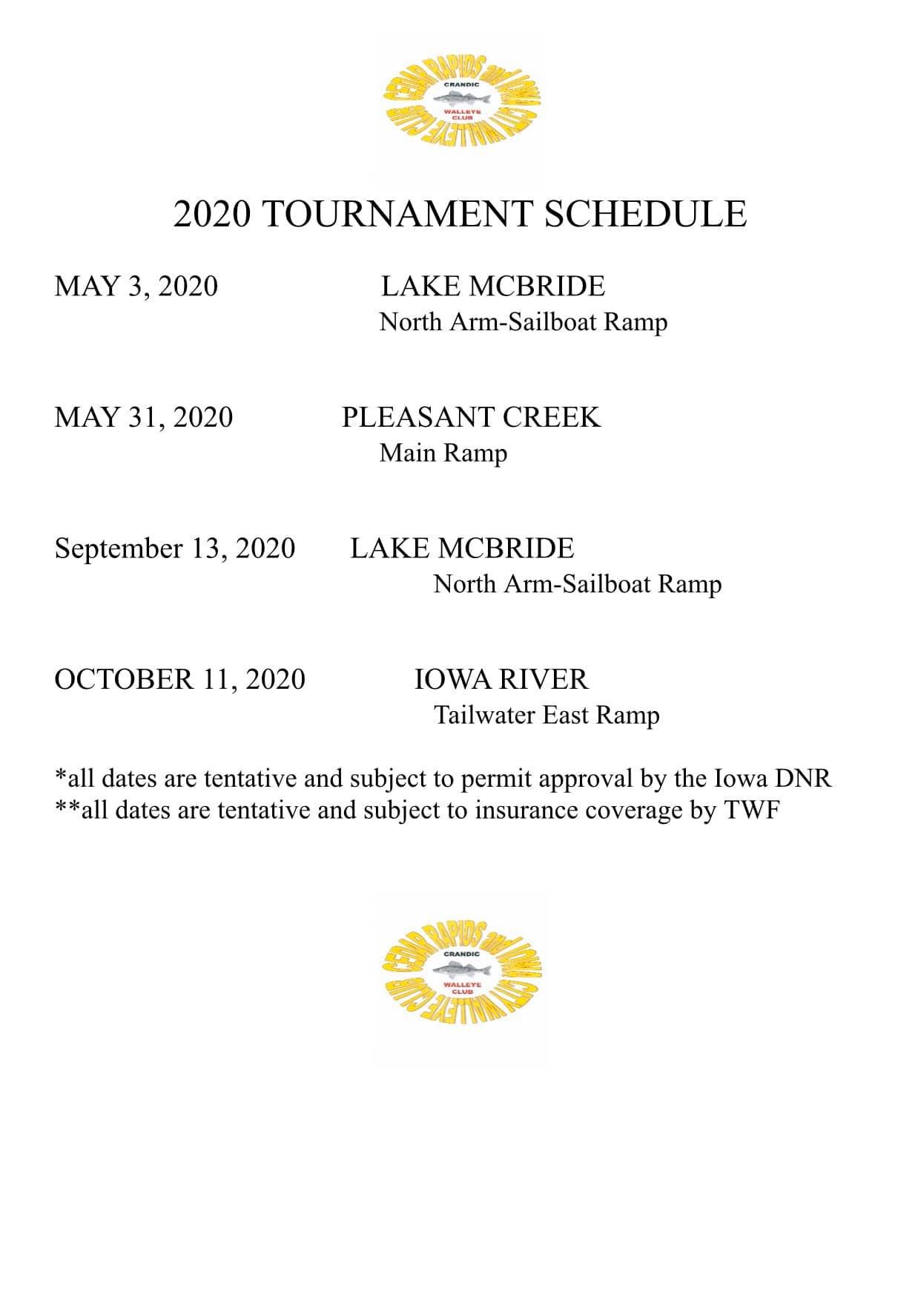 CRANDIC Walleye Club 2020 tournament and meeting schedule